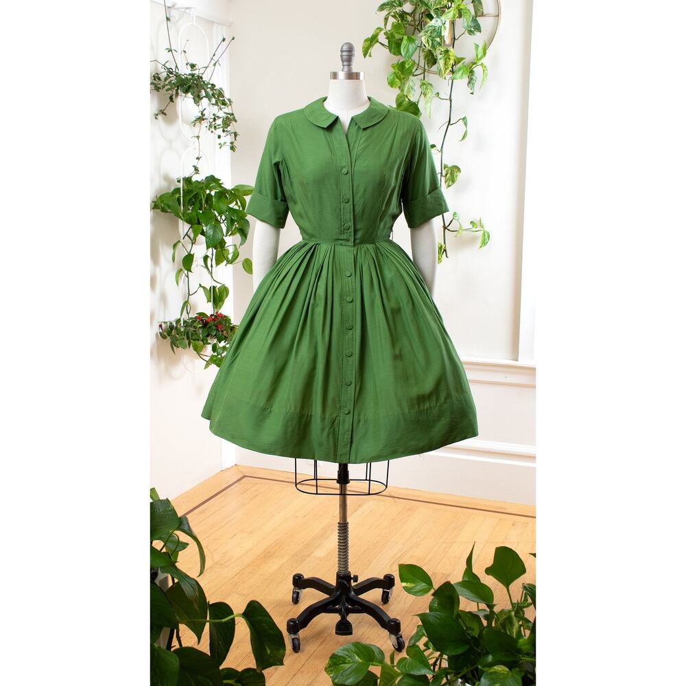 Vintage 1950s ALFRED SHAHEEN Dress 50s Green Silk Button Down Shirtwaist - Picture 2 of 8